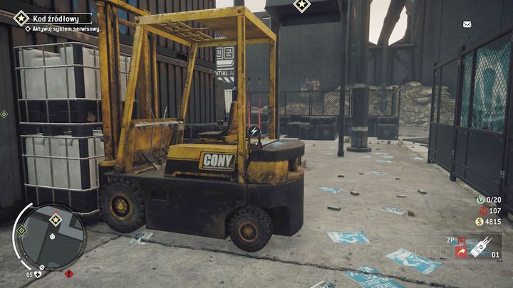 Step up to the forklift visible on the screenshot, and throw a hacking device onto the transmitter on its back to lift the cargo - The Man from Ashgate / Source Code | Walkthrough - Walkthrough - Homefront: The Revolution Game Guide & Walkthrough