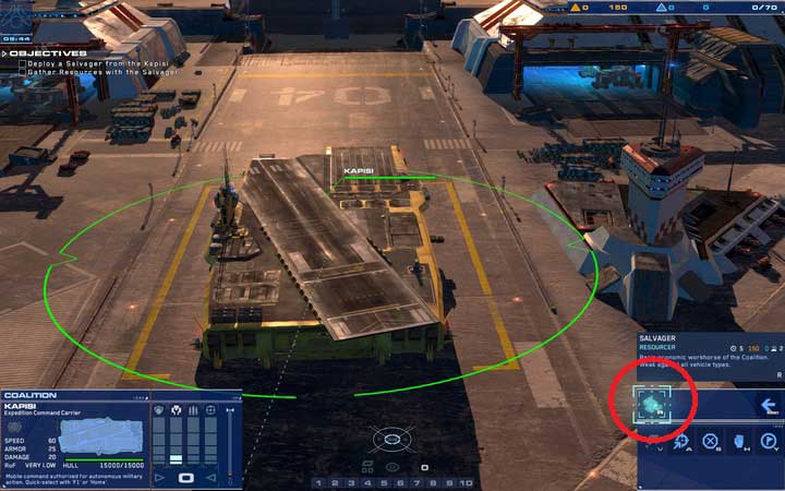 In the bottom-right menu of the Carrier, you can select units that you want to build, define their category and select the individual units. - Mission 1 - Epsilon Base - Campaign mode walkthrough - Homeworld: Deserts of Kharak Game Guide