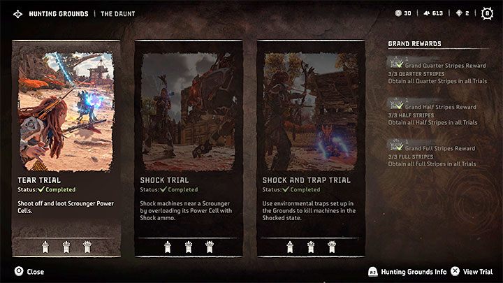 How to unlock: Earned at least a Quarter Stripe mark in all three trials at one Hunting Ground - Horizon Forbidden West: Trophies - list, trophy guide - Appendix - Horizon Forbidden West Guide