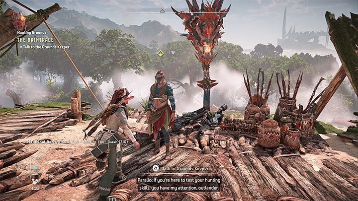 In this location, you will encounter a hunter who sells, among other things, rare and very rare variants of weapons - Horizon Forbidden West: Hunting Grounds: The Raintrace - trials walkthrough - Hunting grounds - Horizon Forbidden West Guide