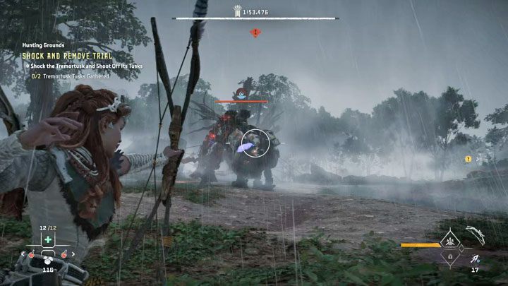 At the beginning of the trial, start attacking the Tremortusk as early as possible with Purgewater ammo in order to gradually lower its resistance (this will be indicated by the circle visible above its energy bar) - Horizon Forbidden West: Hunting Grounds: The Raintrace - trials walkthrough - Hunting grounds - Horizon Forbidden West Guide