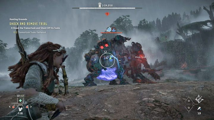 After the Tremortusk is sufficiently weakened, switch to a weapon with shock ammo - Horizon Forbidden West: Hunting Grounds: The Raintrace - trials walkthrough - Hunting grounds - Horizon Forbidden West Guide