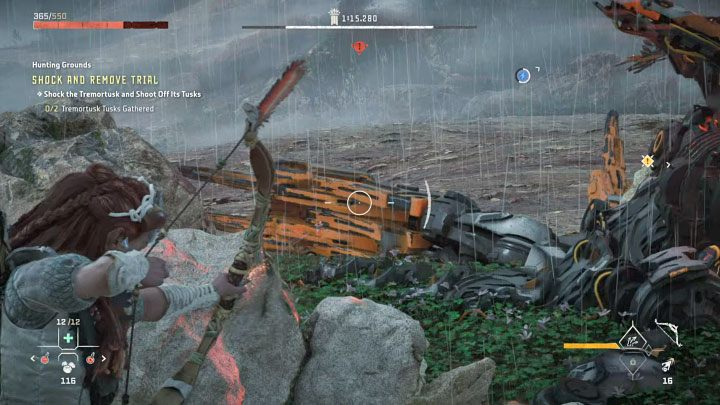 Filling up the mammoth's shock bar should result in the Tremortusk crashing to the ground - Horizon Forbidden West: Hunting Grounds: The Raintrace - trials walkthrough - Hunting grounds - Horizon Forbidden West Guide