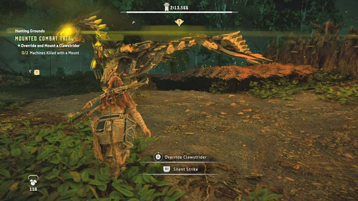 Once the trial begins, focus on overriding the closest Clawstrider as quickly as possible (by holding Triangle), but don't let it notice you too early - Horizon Forbidden West: Hunting Grounds: The Raintrace - trials walkthrough - Hunting grounds - Horizon Forbidden West Guide