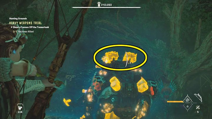 Once the trial begins, make sure to equip weapons that use tear ammo, which can break off machine parts - Horizon Forbidden West: Hunting Grounds: The Raintrace - trials walkthrough - Hunting grounds - Horizon Forbidden West Guide
