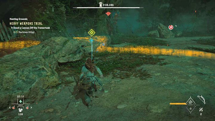 Don't immediately rush towards the detached heavy weapons and instead spend some time to try and lure the Tremortusk away from them - Horizon Forbidden West: Hunting Grounds: The Raintrace - trials walkthrough - Hunting grounds - Horizon Forbidden West Guide