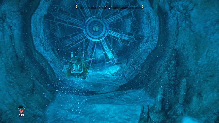 You need to jump into the water next to the locked gate and dive underwater to start exploring the vast flooded part of Thebes - Horizon Forbidden West: Faros Tomb - walkthrough - Main Storyline - Horizon Forbidden West Guide