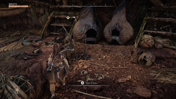 Use the fast travel pack to teleport to the campfire where Kue is waiting and talk to him - Horizon Forbidden West: The Roots That Bind - walkthrough - Side quests - Horizon Forbidden West Guide