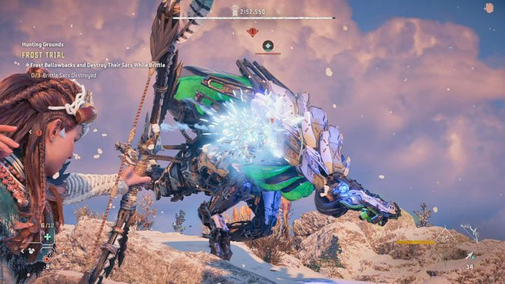 To pass this trial, you will need a weapon that deals frost damage - Horizon Forbidden West: Hunting Grounds: Sheerside Mountains - trial walkthrough - Hunting grounds - Horizon Forbidden West Guide