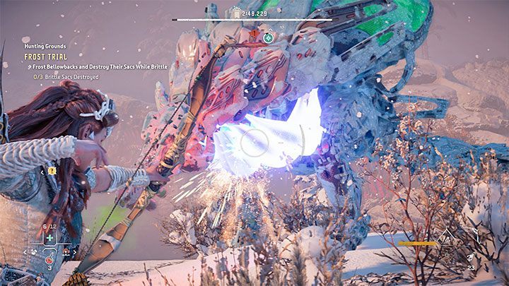 When the Bellowback freezes, quickly switch to a weapon you have that deals the most damage to deastroy the machine's components - Horizon Forbidden West: Hunting Grounds: Sheerside Mountains - trial walkthrough - Hunting grounds - Horizon Forbidden West Guide