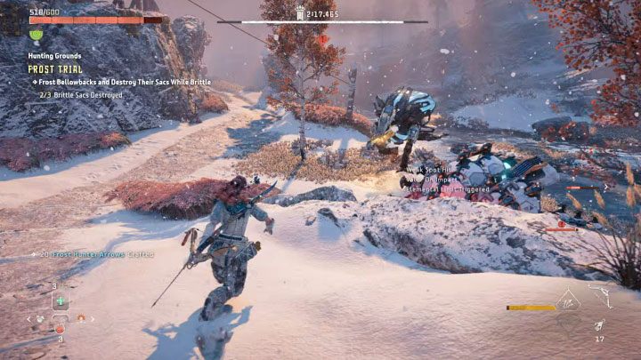 If you didn't manage to destroy both components of the Bellowback, start using frost ammo again - Horizon Forbidden West: Hunting Grounds: Sheerside Mountains - trial walkthrough - Hunting grounds - Horizon Forbidden West Guide