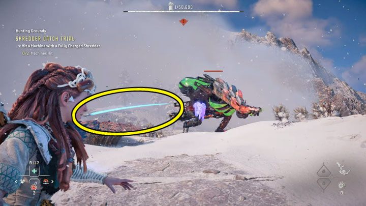 The key to success is to catch the shredder after it hits the machine and returns towards Aloy - you may have to move to the side to make sure the shredder doesn't pass you - Horizon Forbidden West: Hunting Grounds: Sheerside Mountains - trial walkthrough - Hunting grounds - Horizon Forbidden West Guide