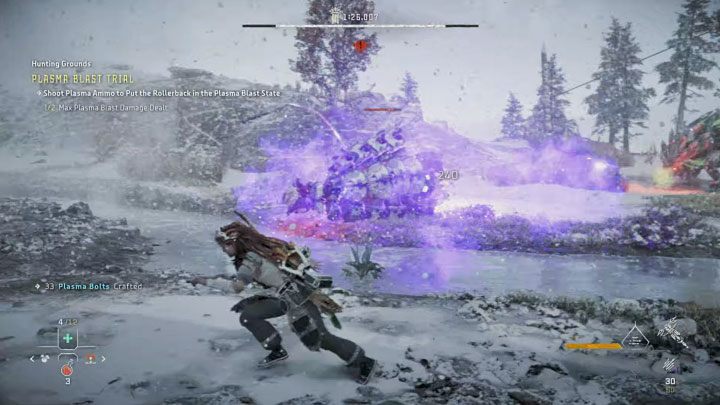 If you managed to fill the bar, you should get the first of the 2 required points at the moment of the explosion - Horizon Forbidden West: Hunting Grounds: Sheerside Mountains - trial walkthrough - Hunting grounds - Horizon Forbidden West Guide