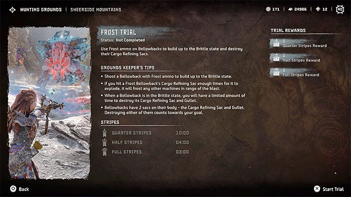 You can and should read the description of each trial before proceeding - Horizon Forbidden West: Hunting Grounds - List and general information - Hunting grounds - Horizon Forbidden West Guide