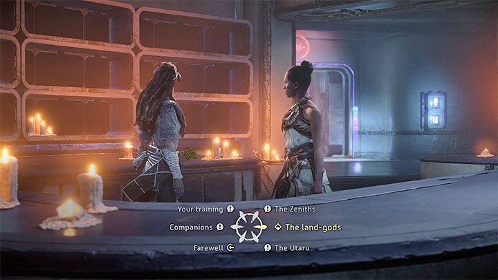Speak to Zo and choose to discuss the Land-Gods (the right dialogue option pictured above) - Horizon Forbidden West: The Second Verse, Zos quest - walkthrough - Tasks of companions - Horizon Forbidden West Guide