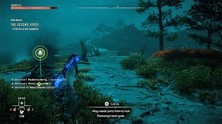 Once said task has been added to your journal, you need to reach the indicated campfire on the world map - Horizon Forbidden West: The Second Verse, Zos quest - walkthrough - Tasks of companions - Horizon Forbidden West Guide