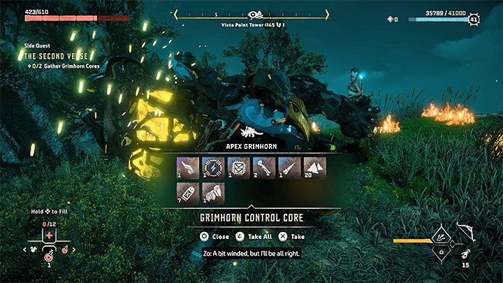 Once the fight is over, approach the fallen Grimhorns - Horizon Forbidden West: The Second Verse, Zos quest - walkthrough - Tasks of companions - Horizon Forbidden West Guide
