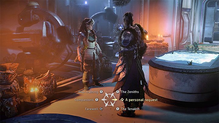 Talk to Kotallo and choose the personal request he wants to discuss with Aloy (the right dialogue option pictured above) - Horizon Forbidden West: What Was Lost, Kotallos quest - walkthrough - Tasks of companions - Horizon Forbidden West Guide