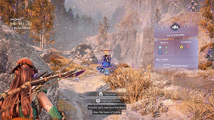 Kotallo will choose to test out his prosthesis on a specific machine, namely the Scorcher - Horizon Forbidden West: What Was Lost, Kotallos quest - walkthrough - Tasks of companions - Horizon Forbidden West Guide