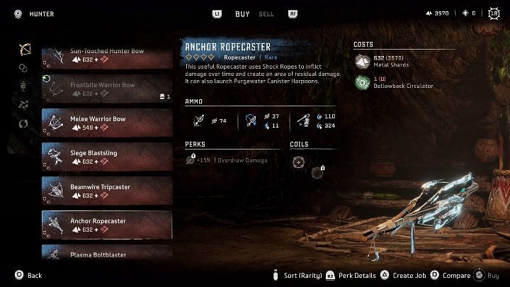 The Ropecaster allows you to shoot charges that will nail the machine to the ground - Horizon Forbidden West: Ranged weapons - types, applications - Basics - Horizon Forbidden West Guide