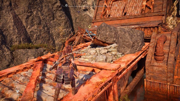 Use your Pullcaster to pull out the metal bar with blue elements - Horizon Forbidden West: The Deluge - walkthrough - Side quests - Horizon Forbidden West Guide