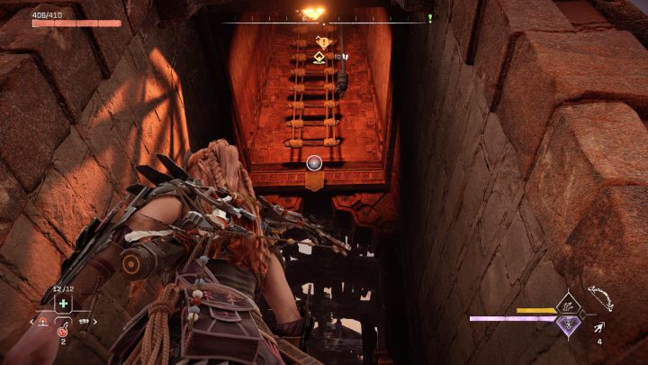 Go to the end of the room, pull yourself to the grapple and climb the ladder to the top - Horizon Forbidden West: A Tribe Apart - walkthrough - Side quests - Horizon Forbidden West Guide