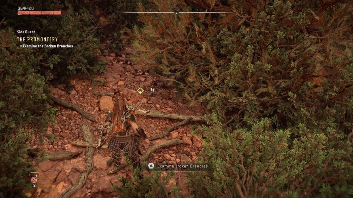 Follow the trail to nearby bushes and examine the broken branches - Horizon Forbidden West: The Promontory - walkthrough - Side quests - Horizon Forbidden West Guide