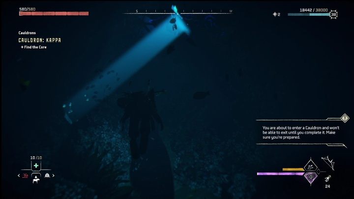 Continue swimming forward and follow the streaks of light that will show you the way - Horizon Forbidden West: Cauldron KAPPA (The Stand of the Sentinels) - location, walkthrough - The Stand of the Sentinels - Horizon Forbidden West Guide