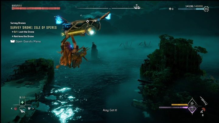 To reach this drone you must jump onto it from a protruding metal plank Aloy can safely stand on - Horizon Forbidden West: Survey drones - locations - Secrets & Collectibles - Horizon Forbidden West Guide