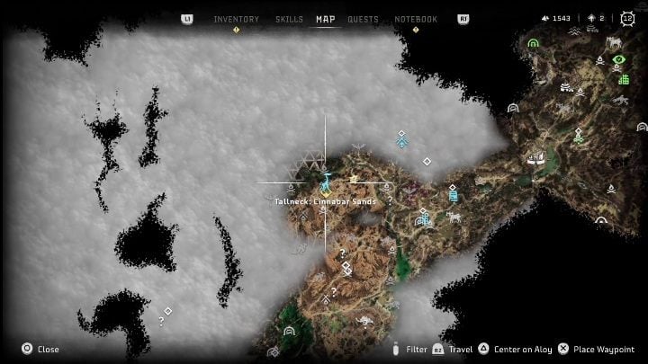 You can find the Cinnabar Sands Tallneck in the central area of the region, heading east from the passageway leading to The Daunt - Horizon Forbidden West: Tallneck (Cinnabar Sands) - location - Cinnabar Sands - Horizon Forbidden West Guide