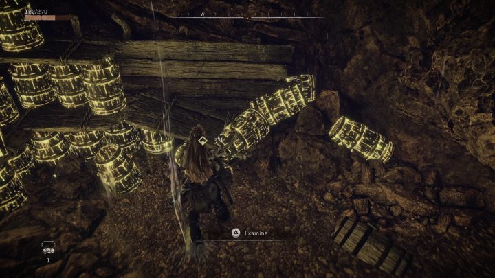 Examine the note lying on one of the barrels and leave the mine - Horizon Forbidden West: The Bristlebacks - walkthrough - Side quests - Horizon Forbidden West Guide