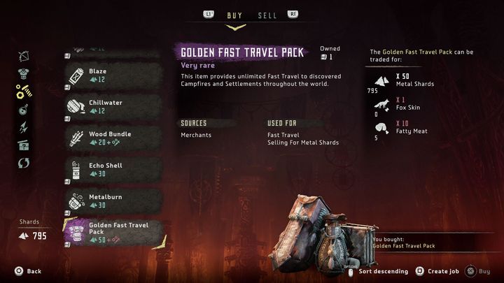 Once you reach Meridian in the western part of the world, you should quickly visit one of the common merchants (you will find him in the marketplace in the upper part of the city) and buy a Golden Fast Travel Pack for a rather small price - Horizon Zero Dawn: Unlimited fast travel - how to unlock? - FAQ - Horizon Zero Dawn Guide, Walkthrough