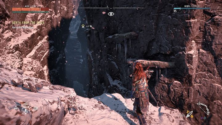 Get to the end of the path and jump on the wall presented in the picture - Horizon Zero Dawn: Death from the Skies - side quest walkthrough - The World - The world - Horizon Zero Dawn Guide, Walkthrough