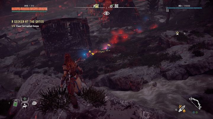 In the second zone you must face five machines: two Scrappers and three Watchers - Horizon Zero Dawn: A Seeker at the Gates walkthrough, tips - Main Missions | Walkthrough - Horizon Zero Dawn Guide, Walkthrough