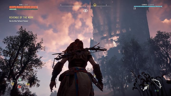 After dealing with the last camp you must proceed further into the ruins and reach the tallest tower in the area - Horizon Zero Dawn: Revenge of the Nora walkthrough, tips - Main Missions | Walkthrough - Horizon Zero Dawn Guide, Walkthrough