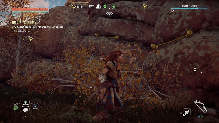 You can access the bag from the ground so you have to climb on the rock which is connected with the pole by a rope - Horizon Zero Dawn: Insult to Injury walkthrough, tips - Embrace side quests - Embrace - Horizon Zero Dawn Guide, Walkthrough