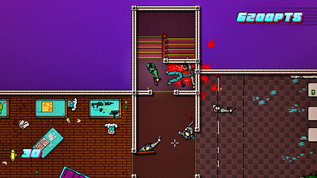 In the rooms to the left and to the right, there is an opponent with a firearm - Scene 1 - Down Under - Act 1 - Exposition - Hotline Miami 2: Wrong Number - Game Guide and Walkthrough