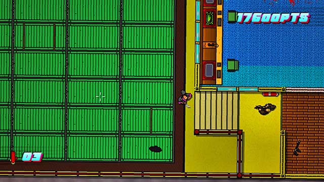 While atop the stairs, shoot into the passage - Scene 11 - Dead Ahead - Act 3 - Climax - Hotline Miami 2: Wrong Number - Game Guide and Walkthrough