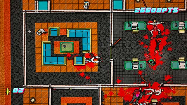 The upper corridor is being patrolled by two opponents - Scene 12 - Death Wish - Act 3 - Climax - Hotline Miami 2: Wrong Number - Game Guide and Walkthrough