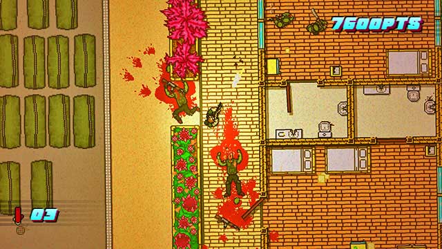 On the left, there is another enemy between the flowers, and a beefcake - Scene 14 - Stronghold - Act 4 - Falling - Hotline Miami 2: Wrong Number - Game Guide and Walkthrough