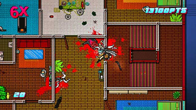 After the massacre, take a new weapon and open the door above - Scene 15 - Withdrawal - Act 4 - Falling - Hotline Miami 2: Wrong Number - Game Guide and Walkthrough