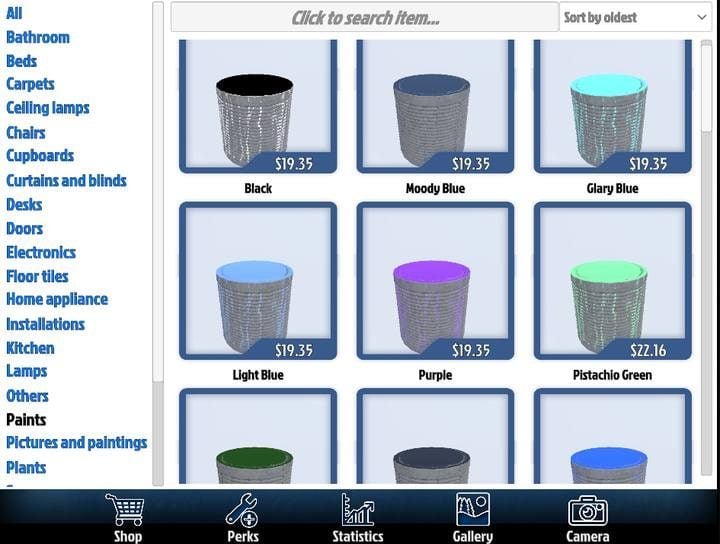 There are many colors of paint available in the store. - Types of construction works in House Flipper game - Basics of the House Flipper game - House Flipper Game Guide