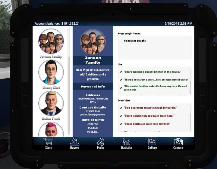 The Buyers tab shows the hidden characteristics of each one of potential buyers. - General information about investments in House Flipper Game - Free mode - House Flipper Game Guide