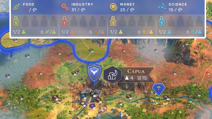 Capua has 4 inhabitants. Each area of FIMS of this city has one specialist assigned to it. It is worth adding more farmers and creating additional jobs, because food production is at a lower level than the demand of the population. - Humankind: Population and specialists - Cities - Humankind Guide