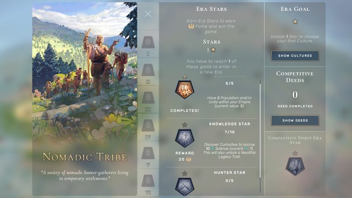 You will need to earn one of the 3 Era Stars to advance to the Ancient Era: In the Neolithic Era, there aren't many development options to choose from - Humankind: The Ancient Era - how to advance? - Basis - Humankind Guide