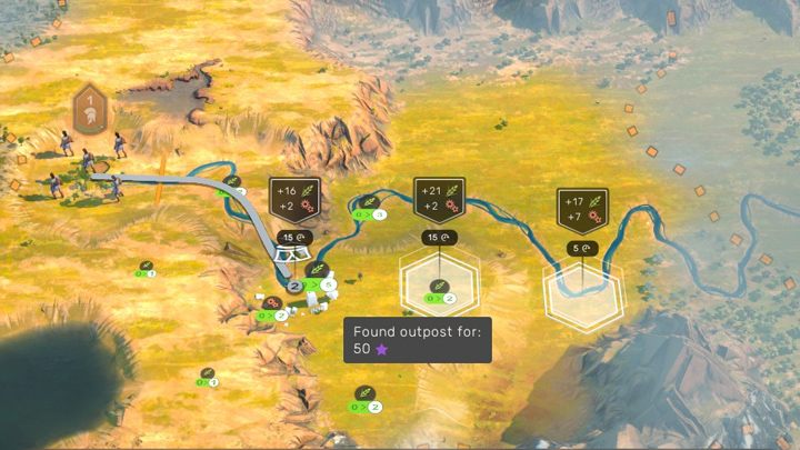 The Outpost location with an extremely high rate of food (21) is very tempting, but only 2 to the industry points means that the Outpost will be constructed very slowly. Better to choose locations with 17 food and 7 industry. This location of the outpost offers more opportunities for development. - Humankind: Cities - How to build them and where? - Basis - Humankind Guide