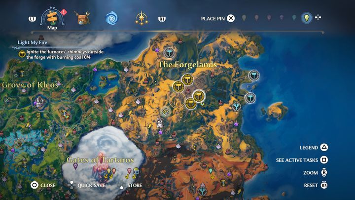 The furnaces are very close to each other, but not directly adjacent, so there will be four different markers on the map - Immortals Fenyx Rising: Light My Fire - walkthrough - The tasks of Hephaestus - Immortals Fenyx Rising Guide
