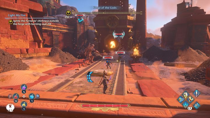 Once the second furnace has been ignited, a couple of enemies, soldiers and harpies will spawn - Immortals Fenyx Rising: Light My Fire - walkthrough - The tasks of Hephaestus - Immortals Fenyx Rising Guide