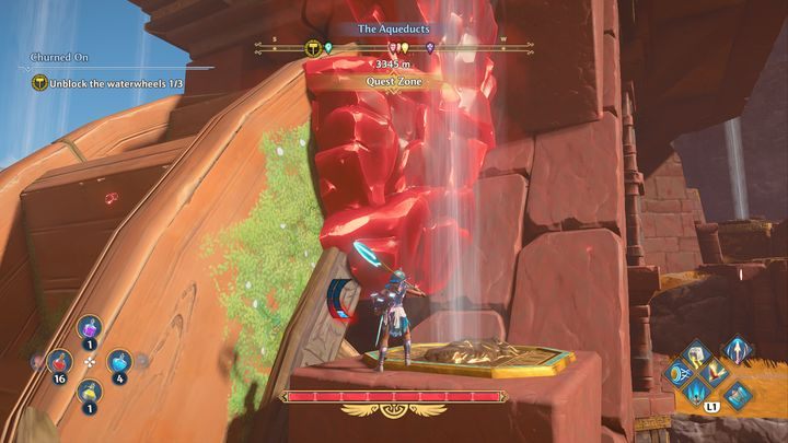 The water wheels are flanked by red stone - Immortals Fenyx Rising: Churned On - walkthrough - The tasks of Hephaestus - Immortals Fenyx Rising Guide