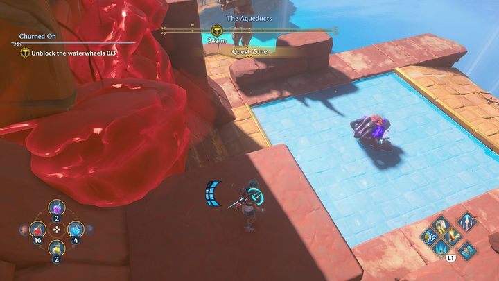 While in the air, beware of enemies near the water wheels - Immortals Fenyx Rising: Churned On - walkthrough - The tasks of Hephaestus - Immortals Fenyx Rising Guide